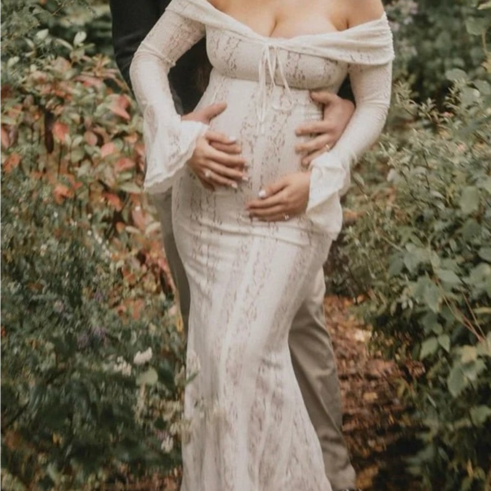 Off-Shoulder Lace Maternity Dress in Cream